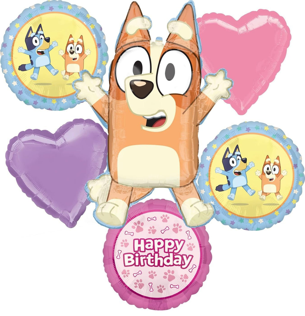 Six foil balloons featuring Bluey characters and hearts, arranged in a bouquet.