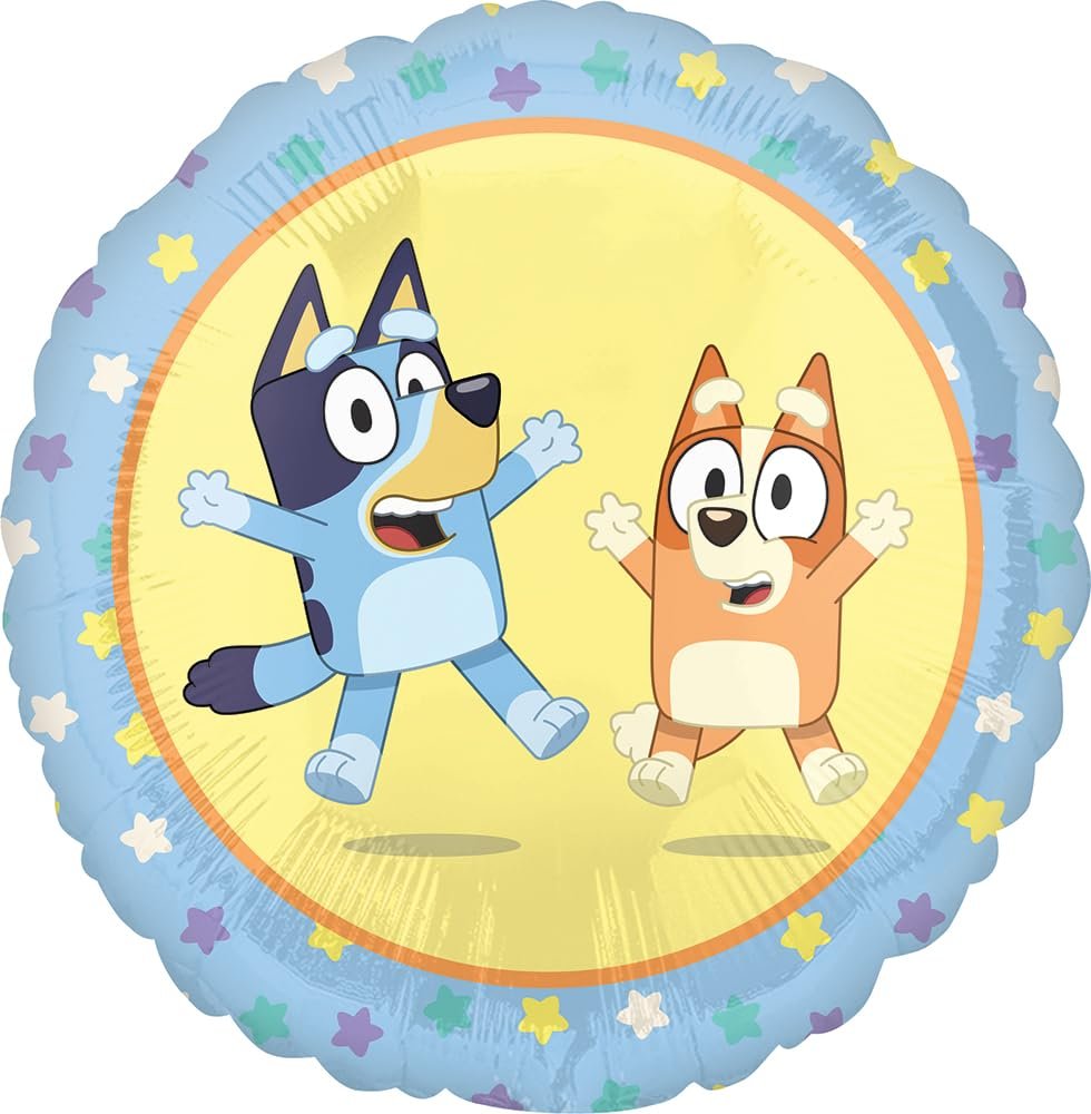 Round foil balloon featuring cartoon dogs Bingo and Bluey on a yellow background with a blue border and stars.