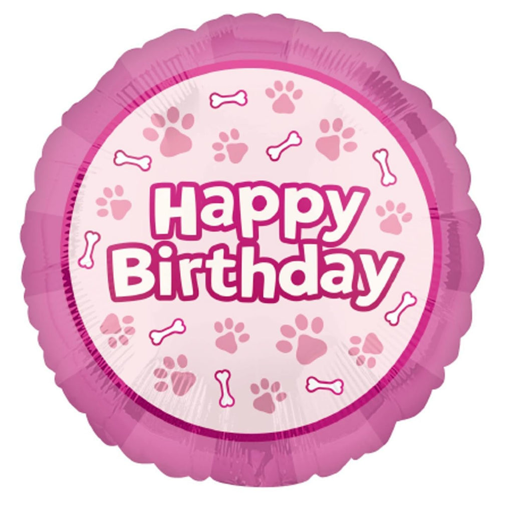 Round pink foil balloon with 'Happy Birthday' text and paw print and bone pattern