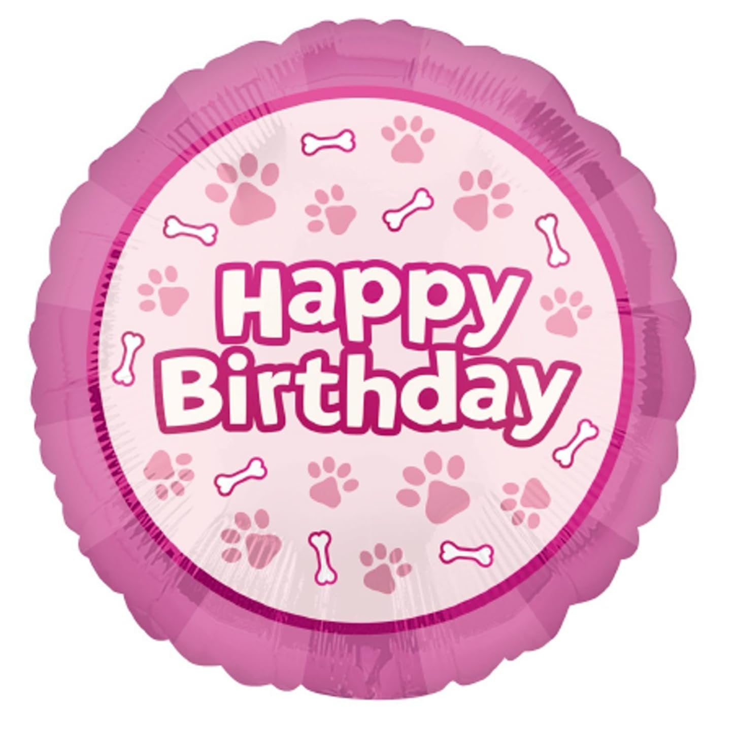 Round pink foil balloon with 'Happy Birthday' text and paw print and bone pattern
