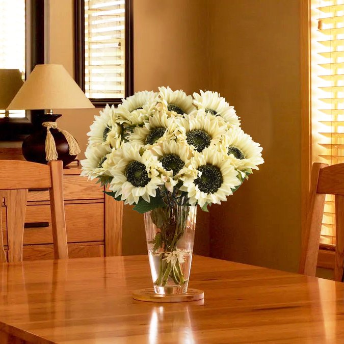 Bouquet of cream sunflowers in a clear glass vase on a wooden table, with a lamp and chairs in the background.