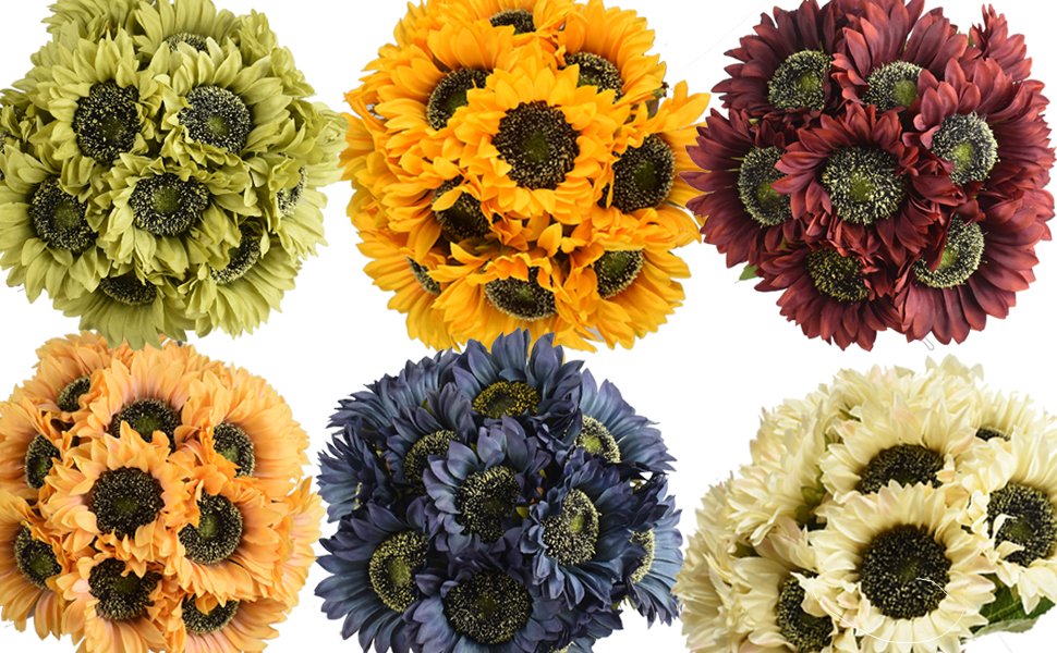 Six bouquets of artificial sunflowers in various colors: green, yellow, burgundy, orange, navy, and cream, arranged in two rows on a white background.