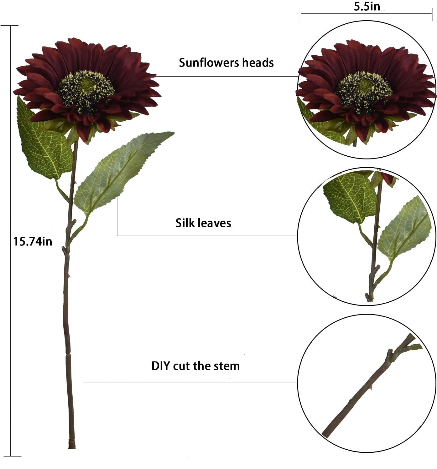 Single dark red artificial sunflower stem with silk leaves, showing dimensions and stem detail.