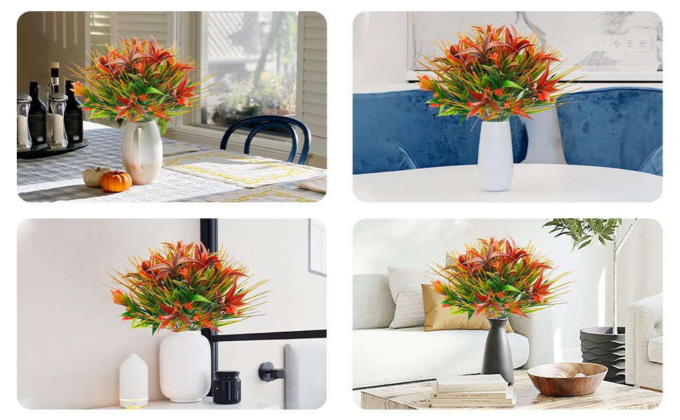 Four arrangements of artificial orange and green foliage in vases on tables and shelves.
