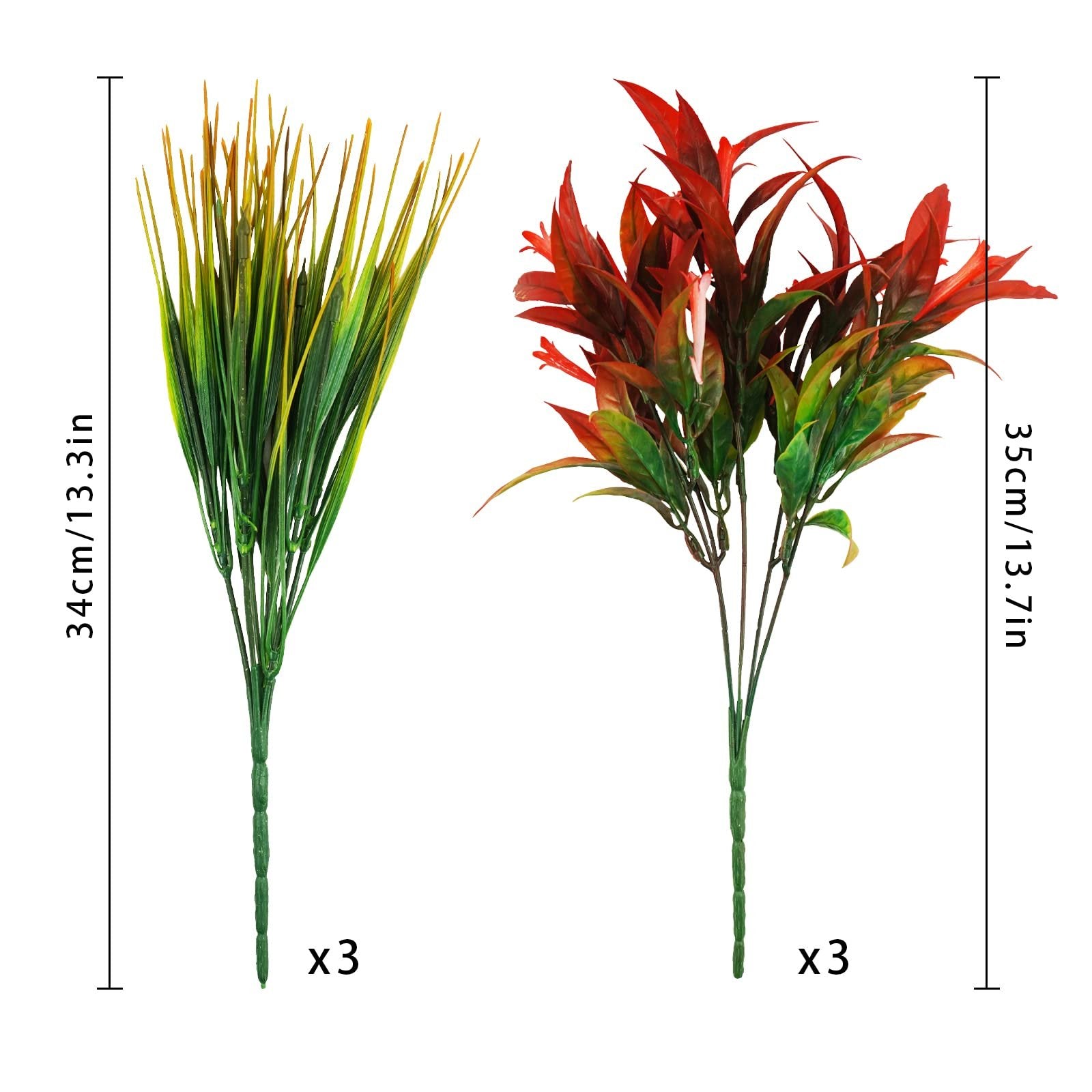 Two bunches of artificial plants, one green and yellow grass, one red and green foliage, with size and quantity labels.