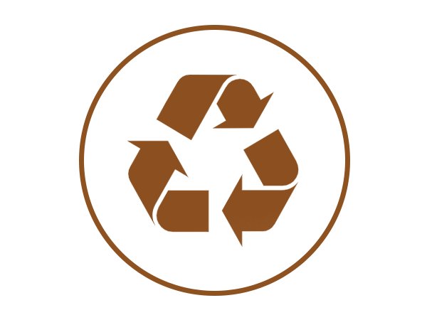 Recycling symbol in a brown circle on a white background