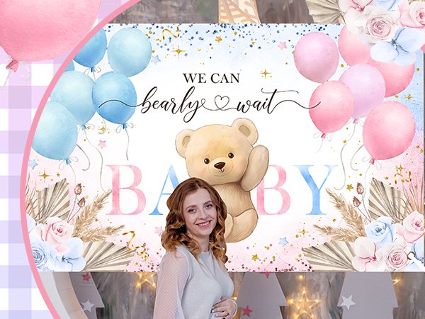 Pregnant woman posing in front of a boho bear gender reveal backdrop with balloons and floral design