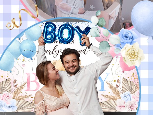 Couple celebrating a gender reveal with blue 'BOY' balloons and floral decorations