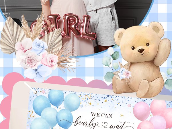 Boho bear gender reveal backdrop banner with pampas grass, floral design, and balloons. Text reads 'WE CAN bearly wait'.