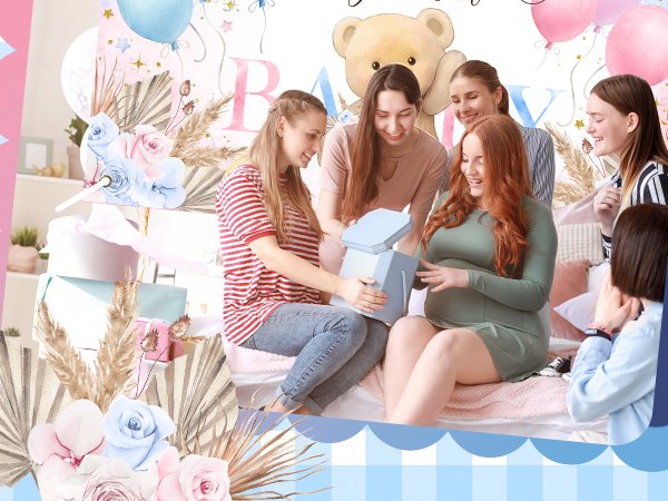 Group of women opening a gift box at a boho bear gender reveal party with pink and blue balloons.