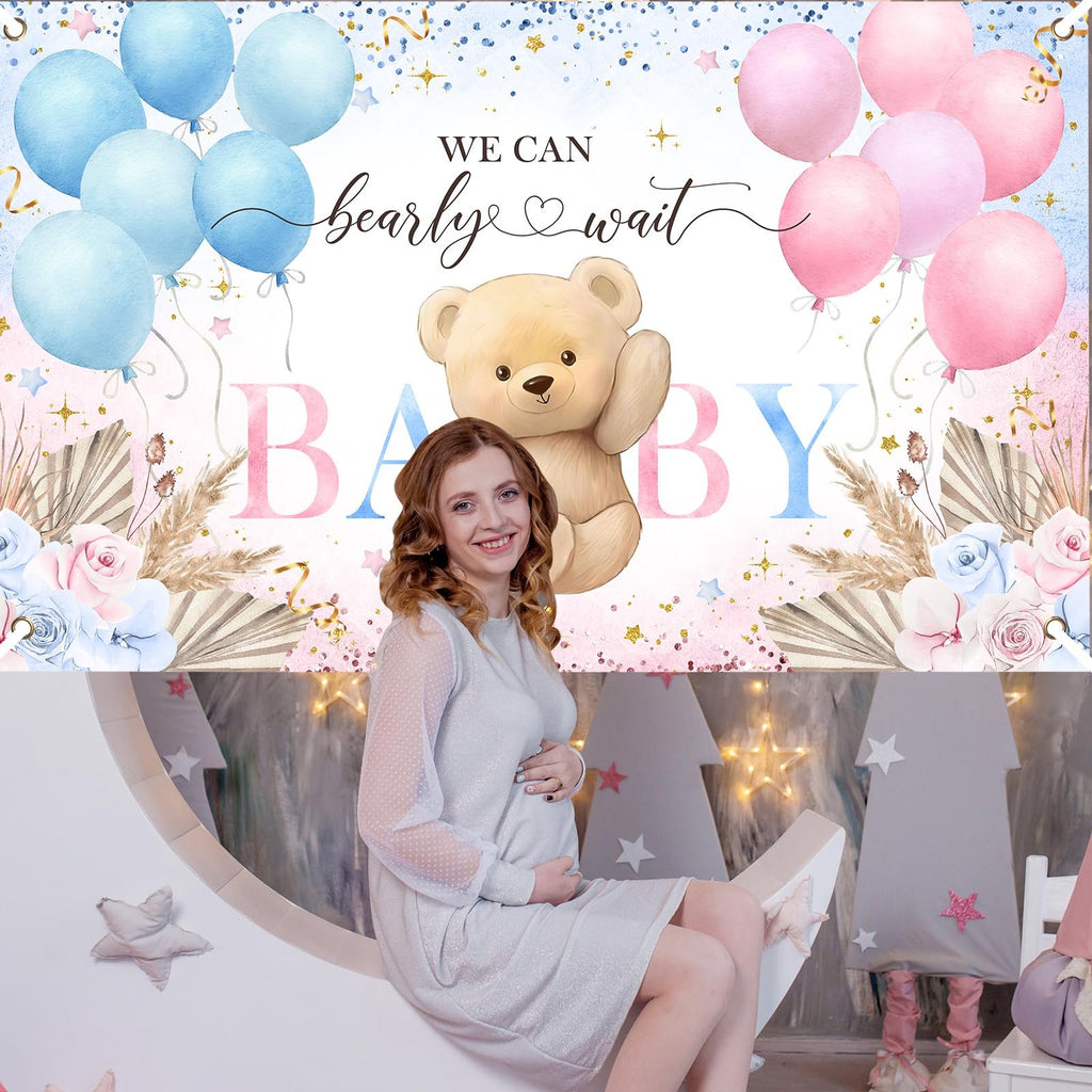 Pregnant woman sitting on moon prop with boho bear gender reveal backdrop banner