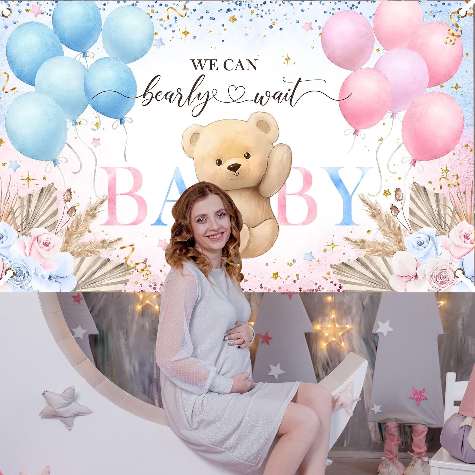 Pregnant woman sitting on moon prop with boho bear gender reveal backdrop banner