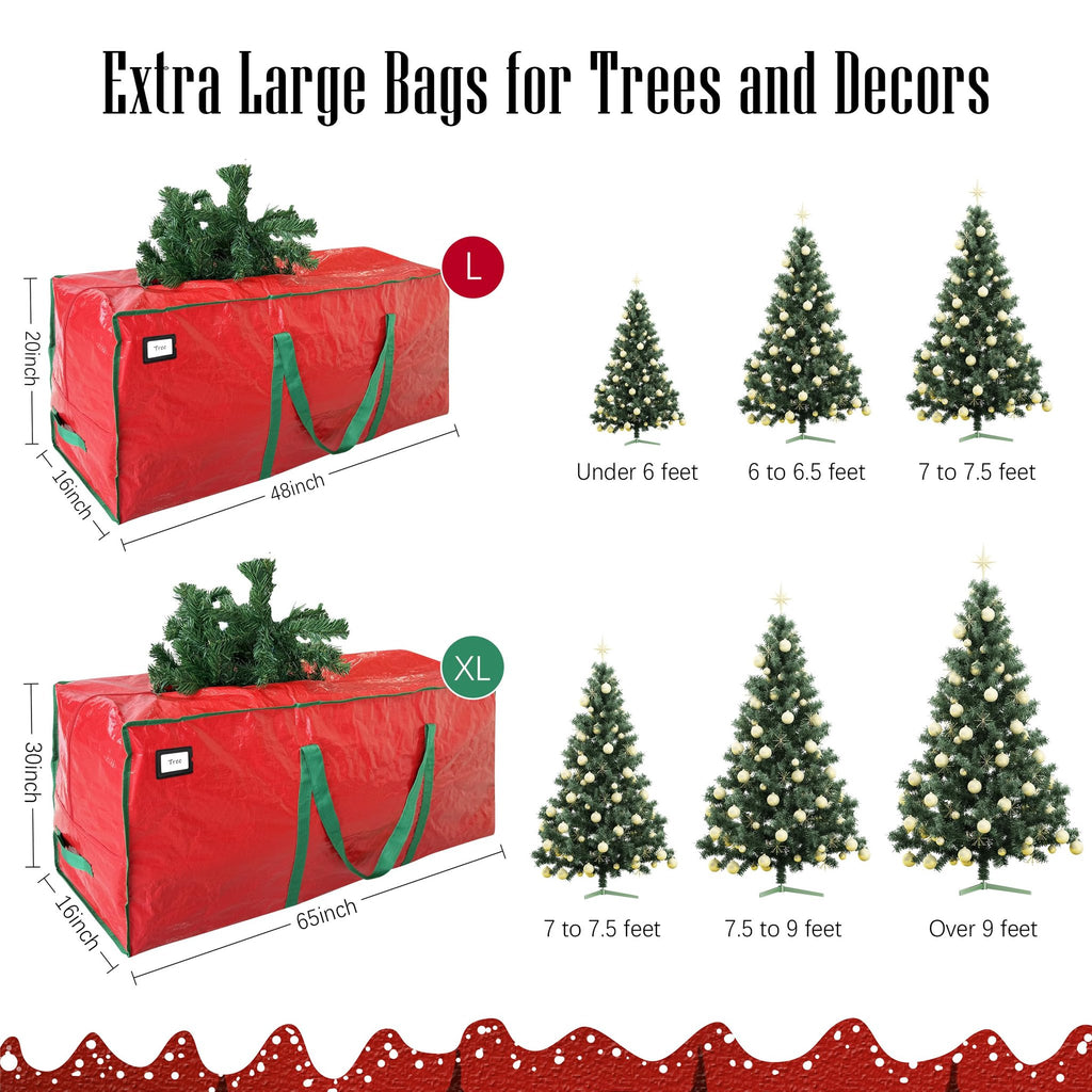 Two red Christmas tree storage bags shown with dimensions and size labels L and XL, alongside graphics of Christmas trees indicating size compatibility.