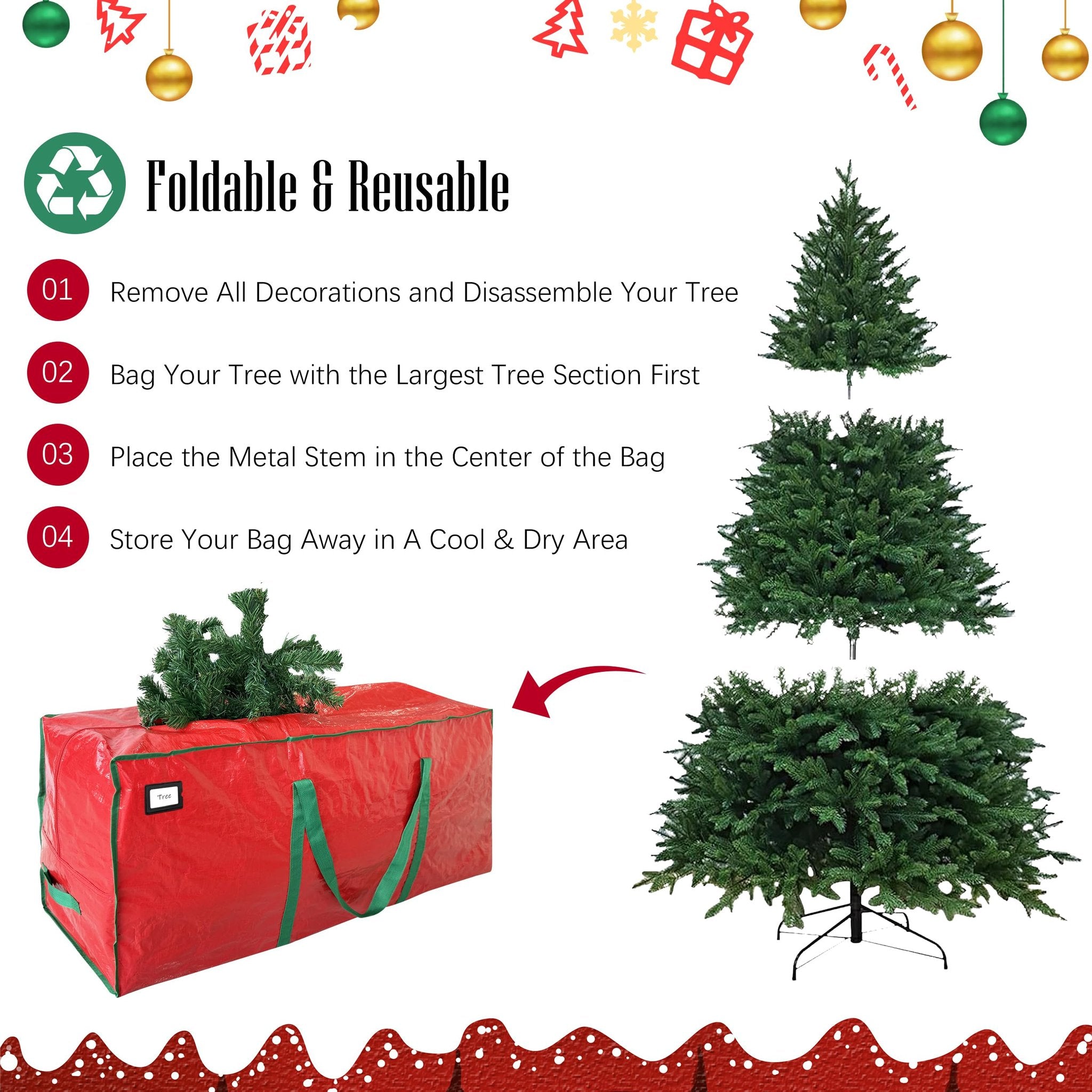 Red Christmas tree storage bag with green handles shown with disassembled tree sections and instructions.