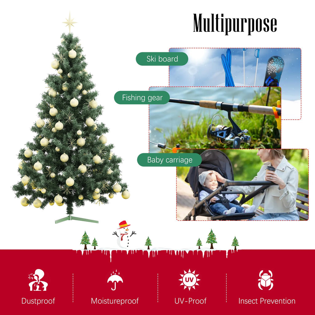 Decorated Christmas tree on white background with lifestyle images and feature icons