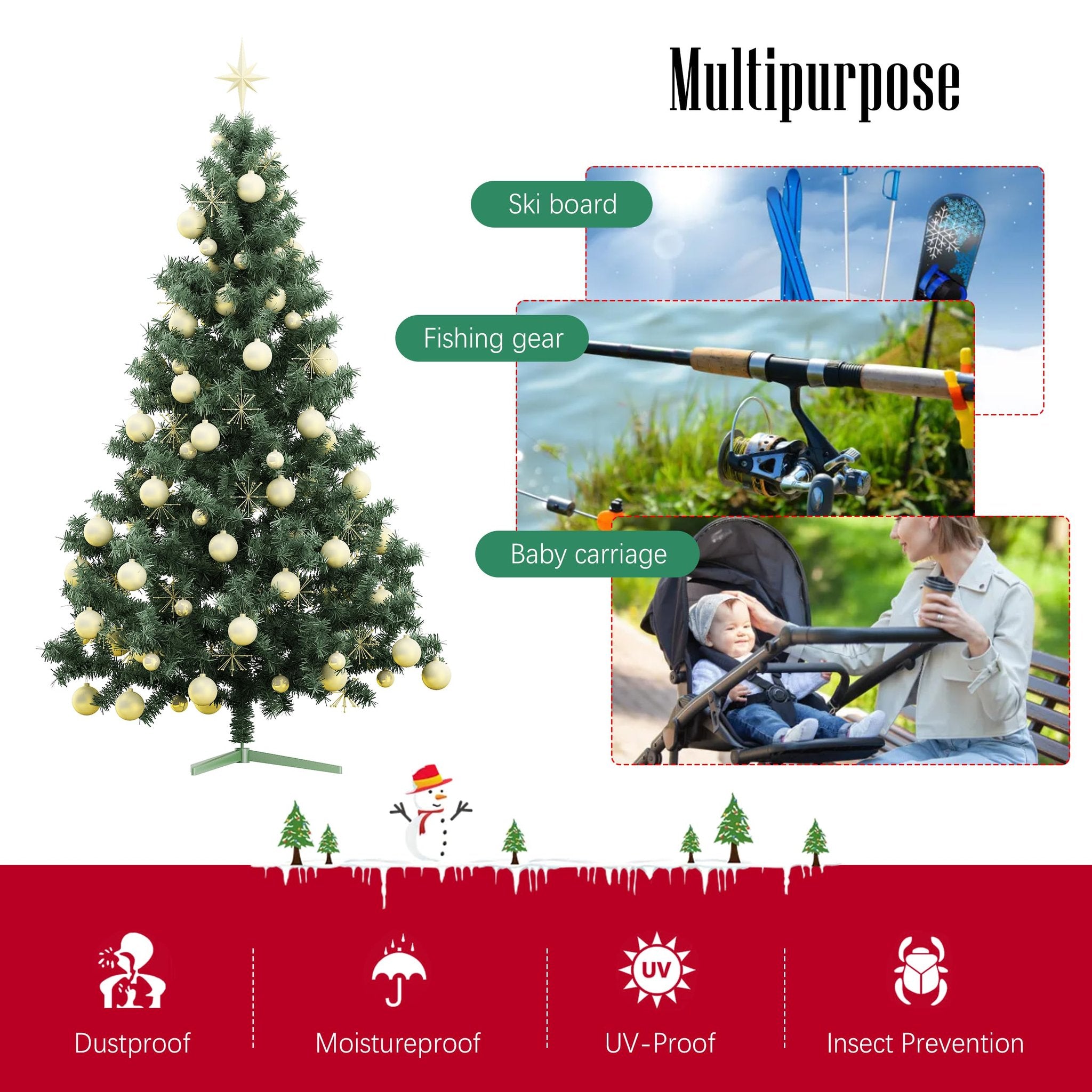 Decorated Christmas tree on white background with lifestyle images and feature icons