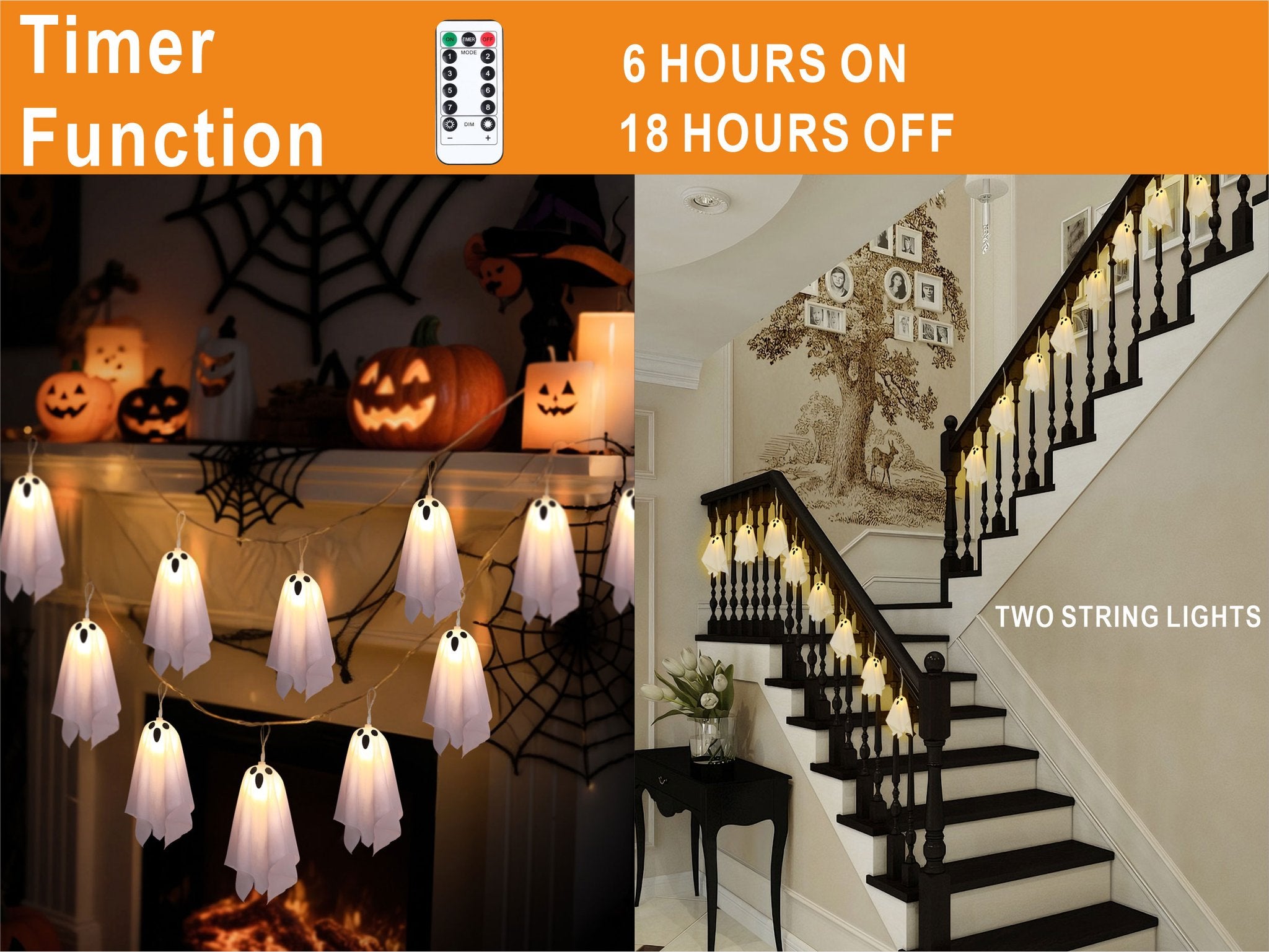 Halloween ghost string lights displayed on a mantelpiece and a staircase, with a remote control and timer information.