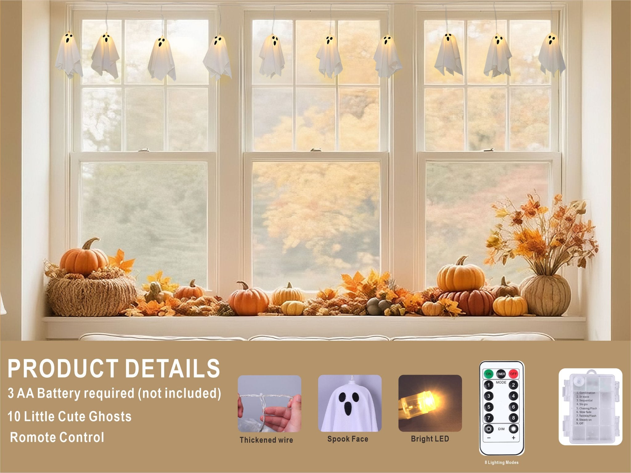 Halloween ghost string lights with 10 LED ghosts hanging in a window with pumpkins and fall leaves below.
