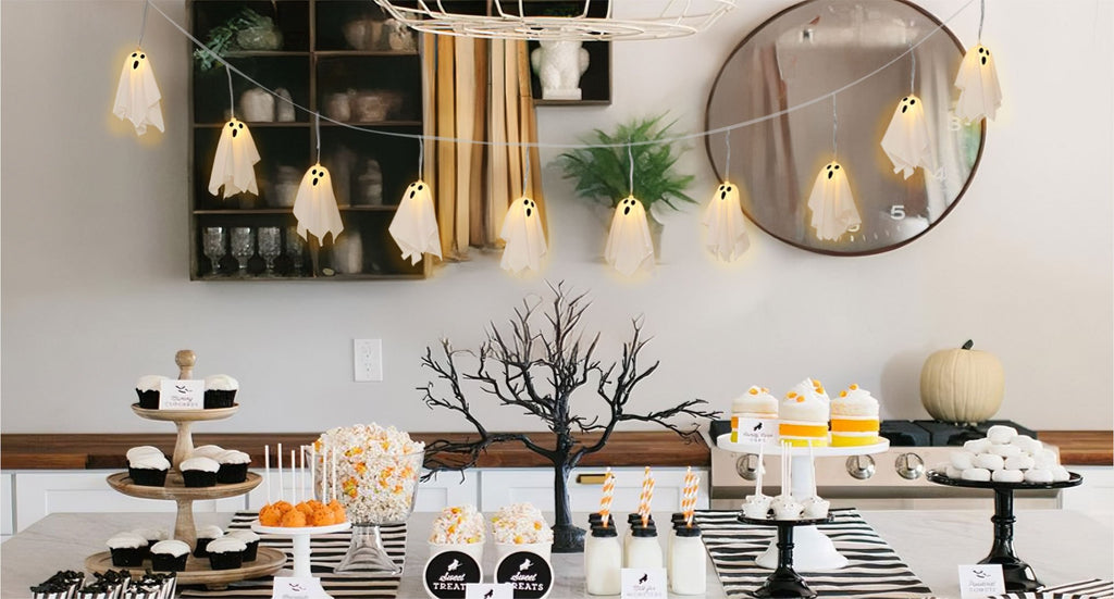 Halloween ghost string lights with 10 LED ghosts hanging over a party table with treats