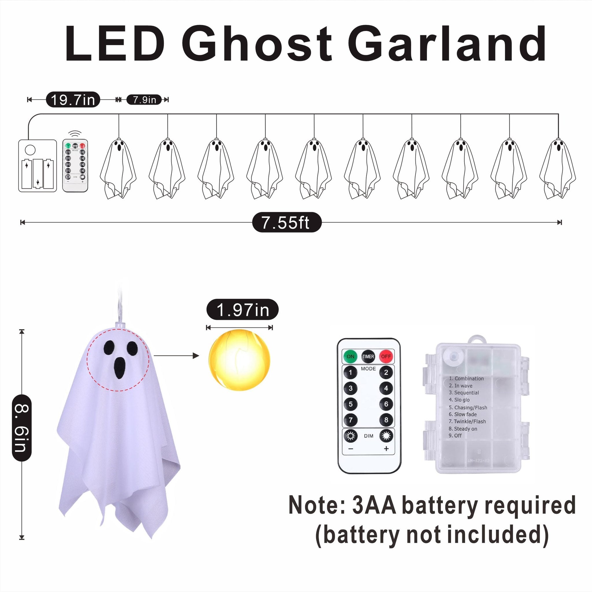 Diagram of a 7.55ft LED ghost garland with dimensions, remote control, and battery pack.