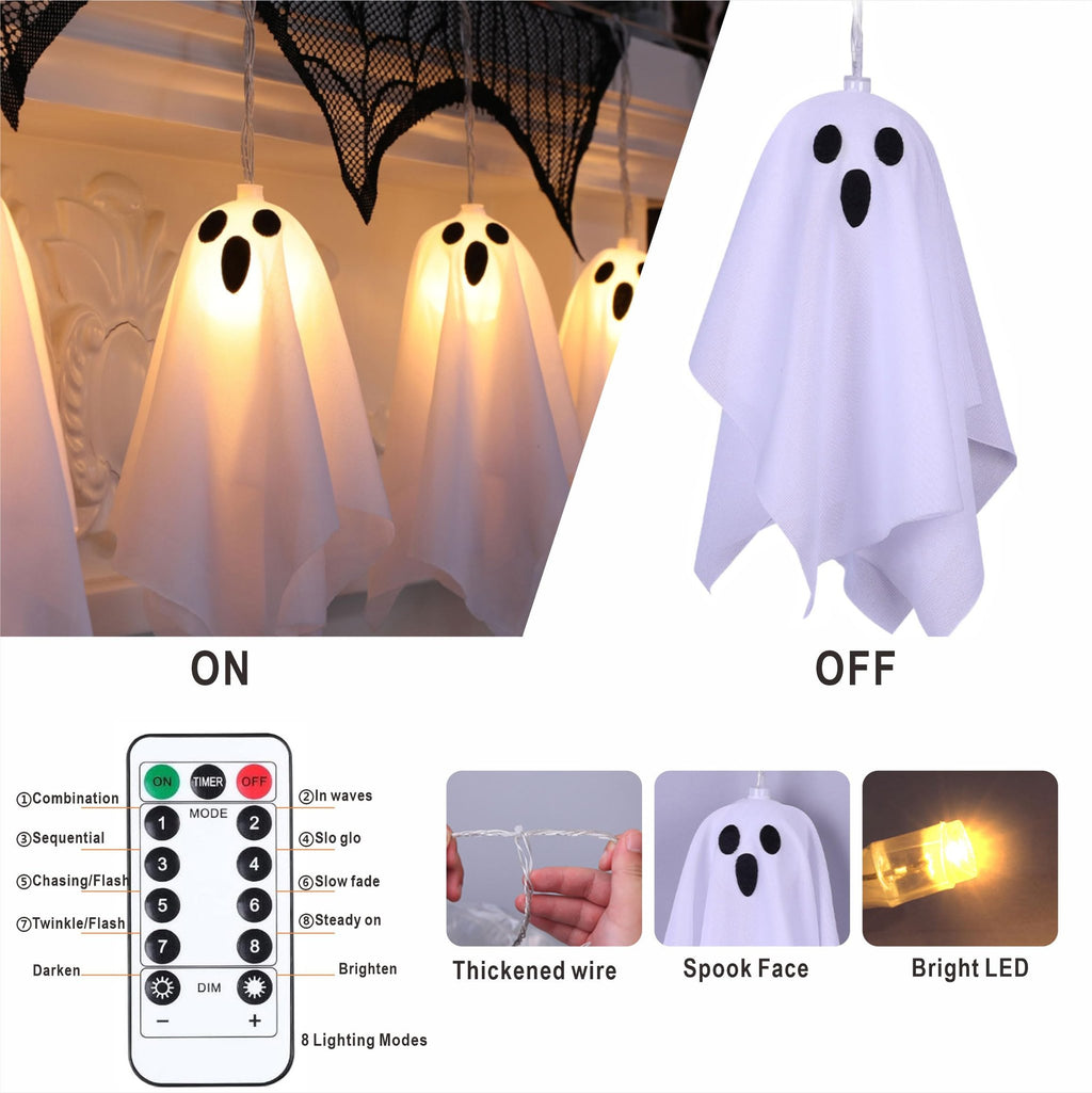 Halloween ghost string lights with 10 LED ghosts, shown ON and OFF, with remote control and feature callouts.