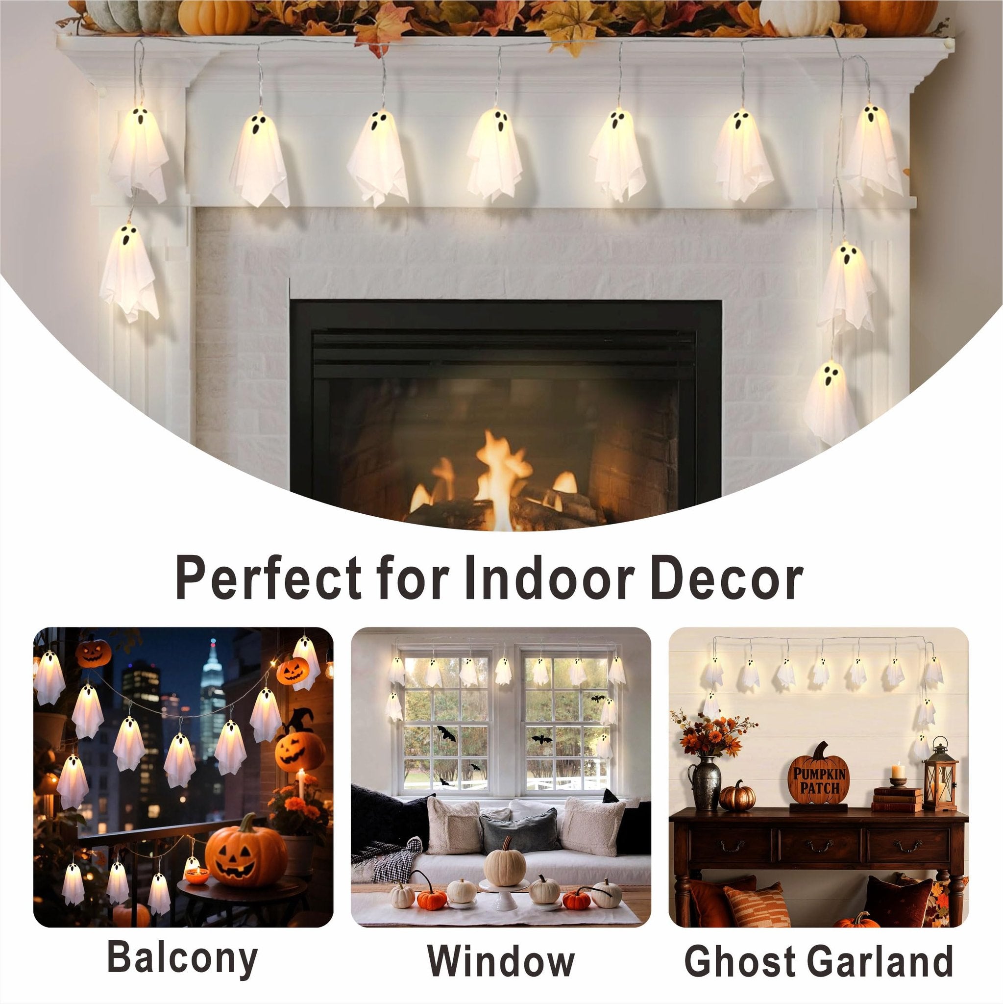 Halloween ghost string lights draped over a fireplace mantel with pumpkins and fall leaves
