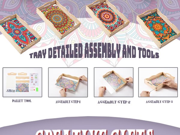 Four wooden trays with mandala designs, plus assembly instructions and tools.