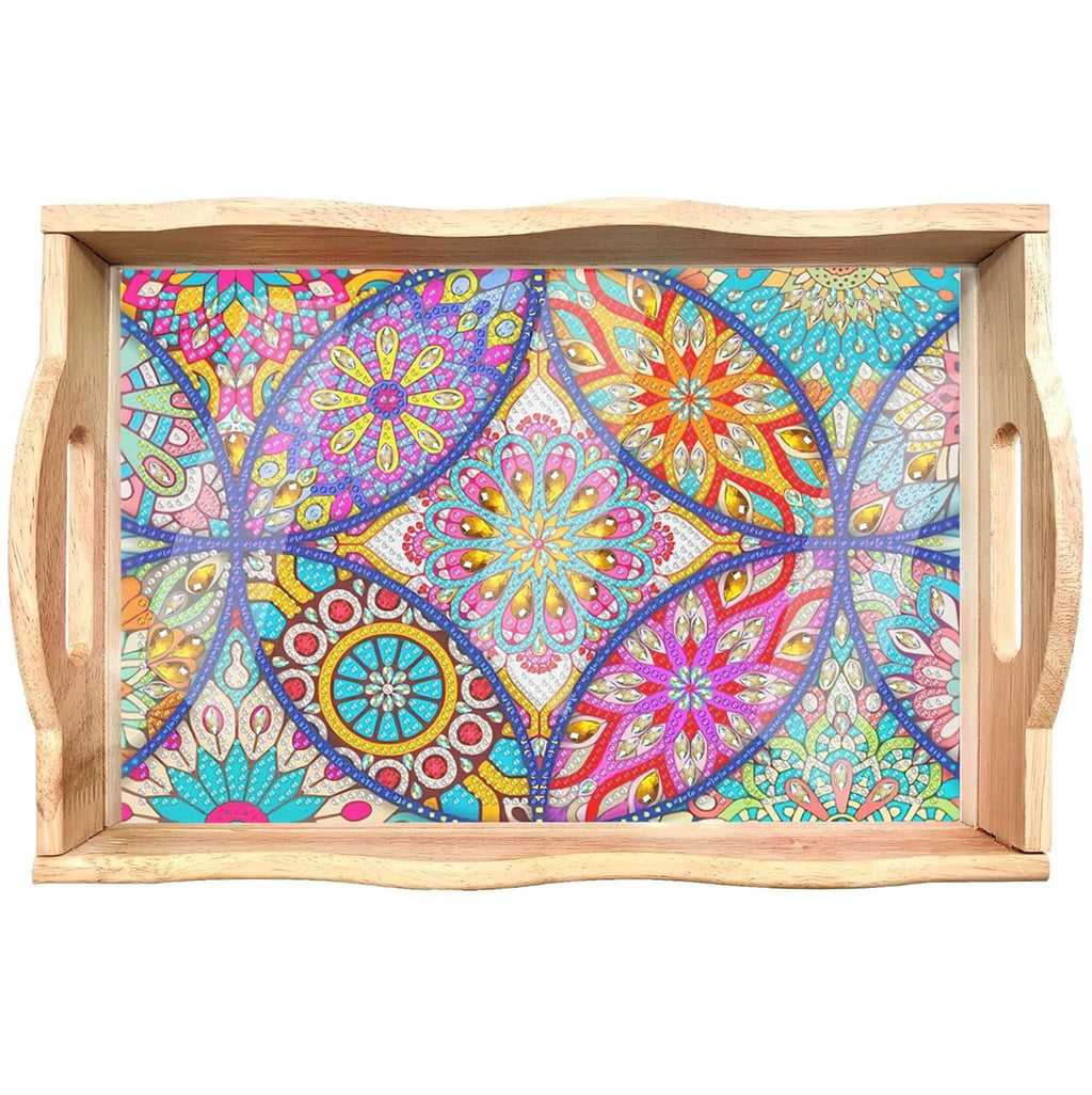 Wooden serving tray with colorful mandala pattern, featuring handles on the sides.