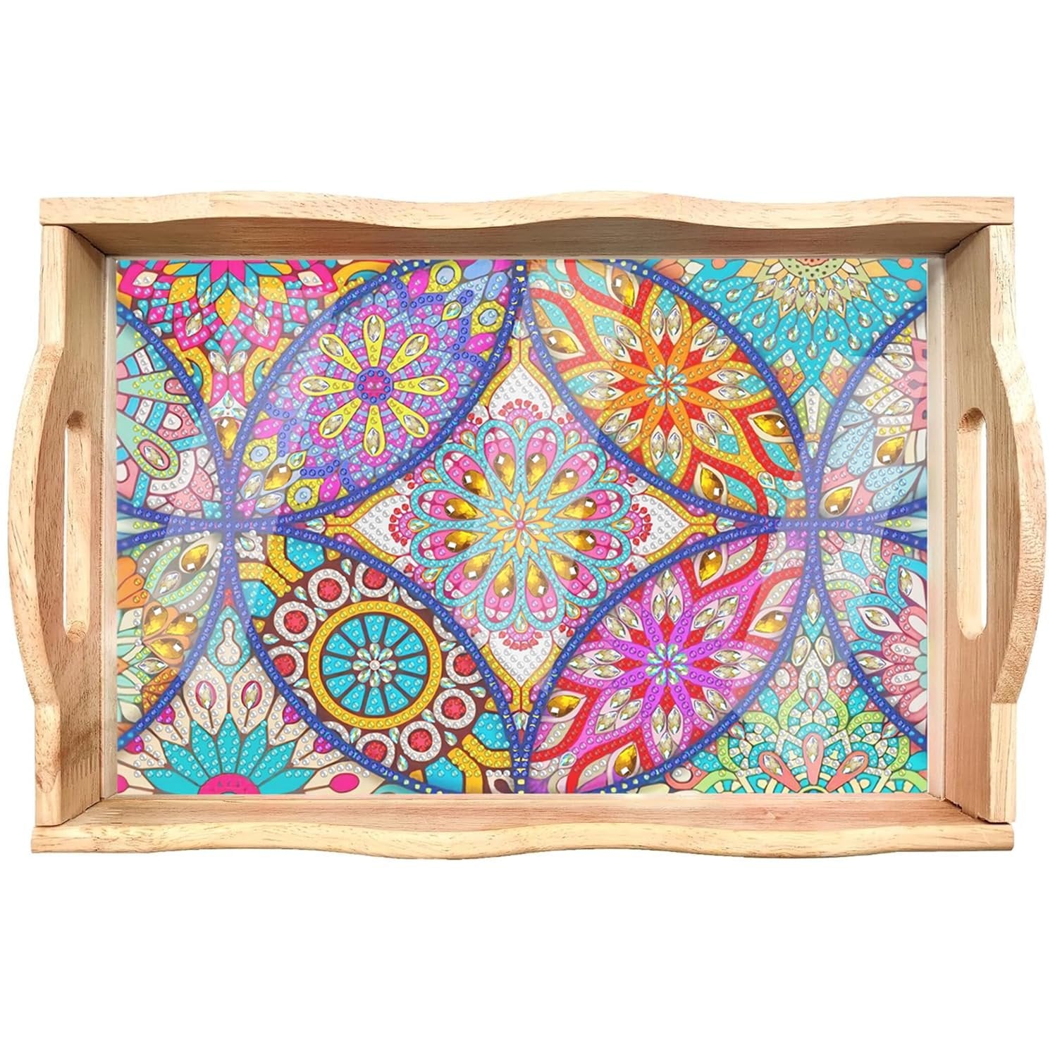 Wooden serving tray with colorful mandala pattern, featuring handles on the sides.