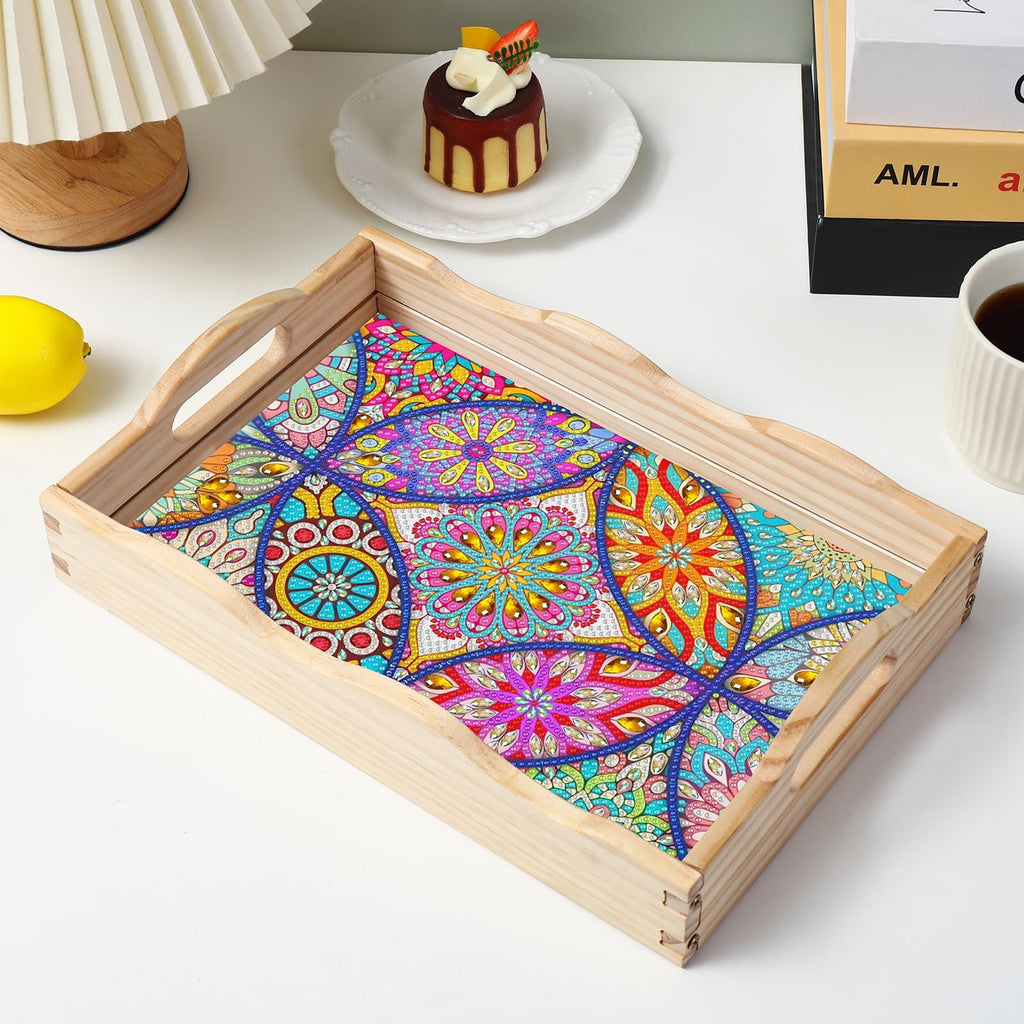 Wooden serving tray with colorful mandala 5D diamond art painting insert, shown on a white surface with a lemon and coffee cup.