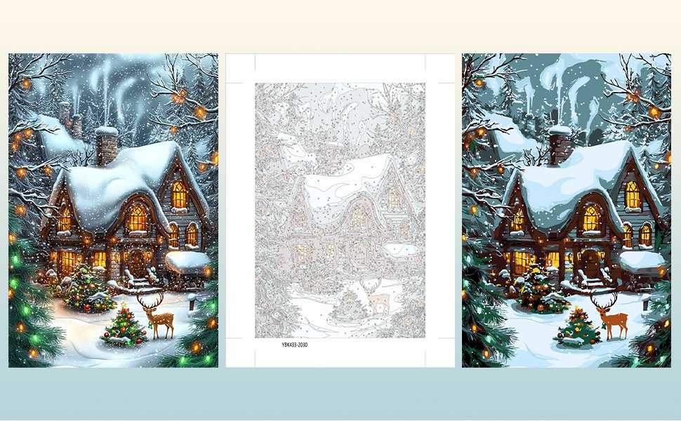 Christmas cabin in snow with decorated trees and deer, paint by numbers kit