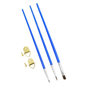 Paint by numbers kit accessories: three blue handled paint brushes and two brass hanging hardware pieces with screws.