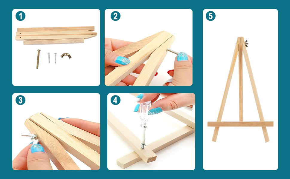 Assembly instructions for a wooden easel, showing parts and steps