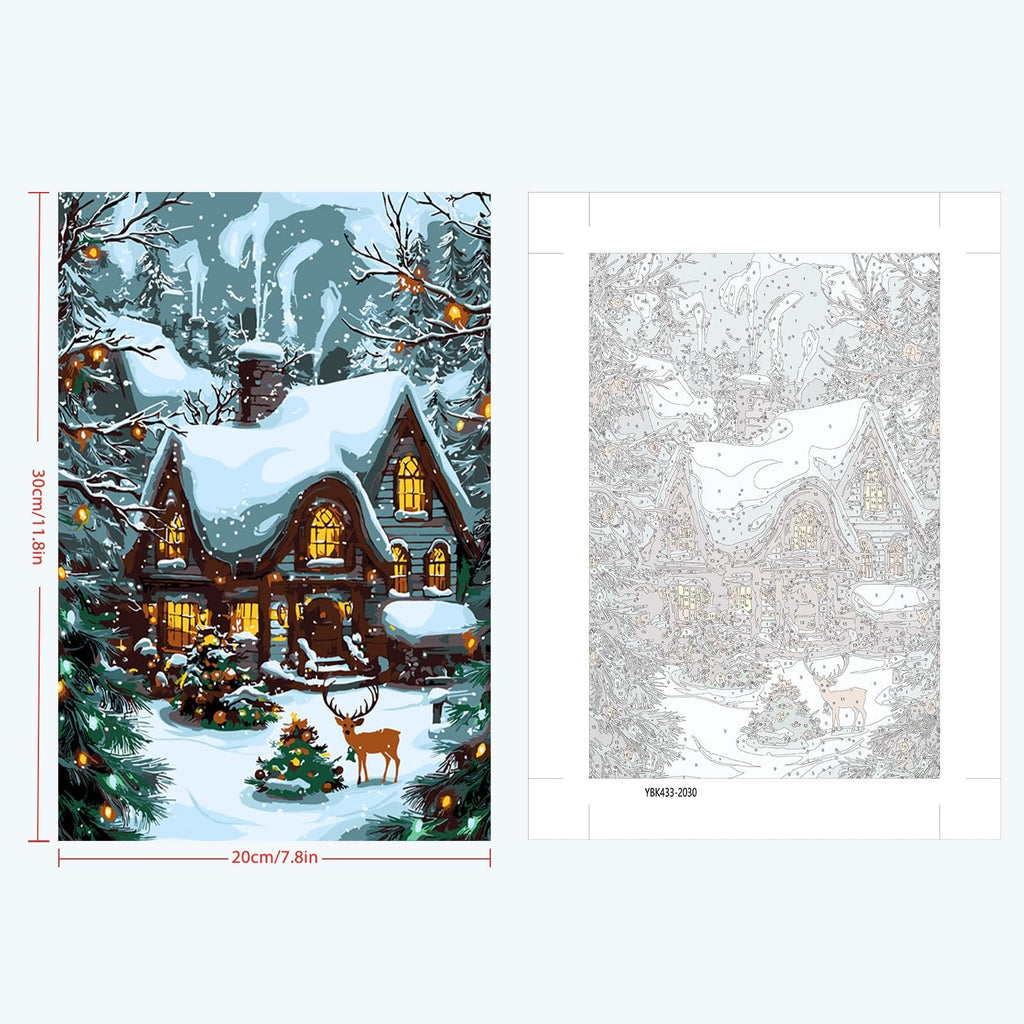 Christmas cabin in snow with deer and lights, shown next to numbered outline for paint by numbers kit