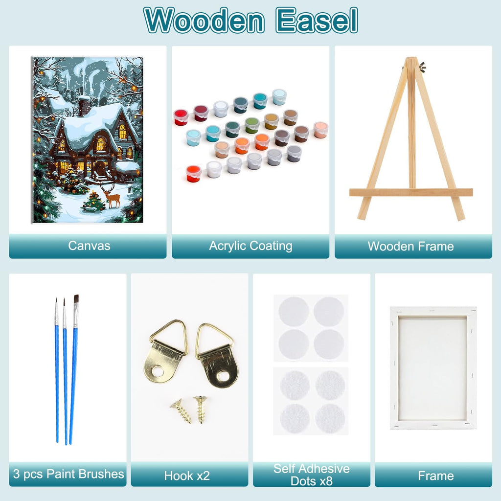Paint by numbers kit contents including canvas, acrylic paints, wooden easel, brushes, hooks, and frame.
