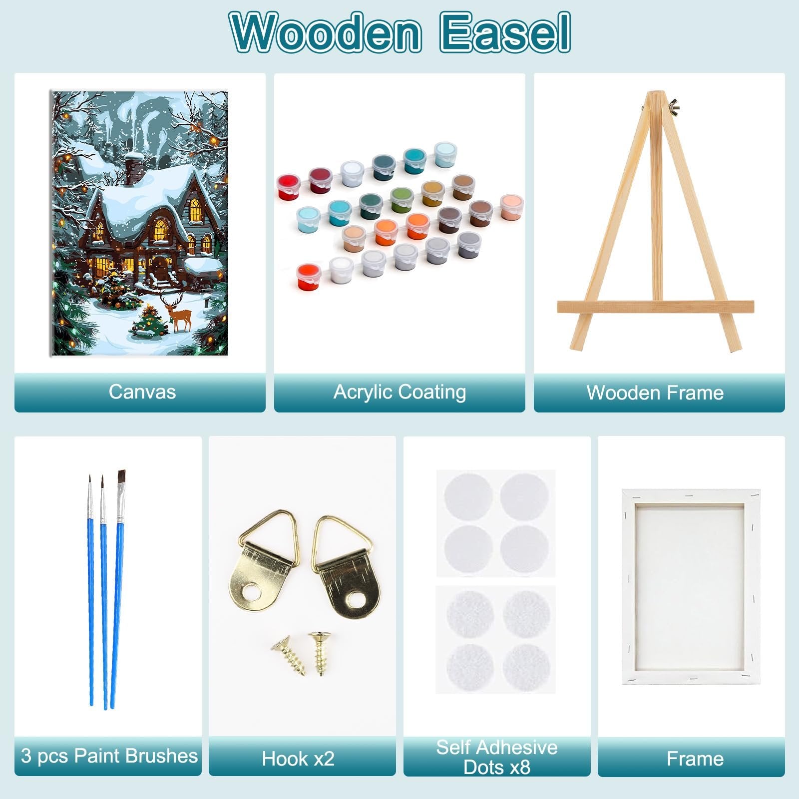 Paint by numbers kit contents including canvas, acrylic paints, wooden easel, brushes, hooks, and frame.