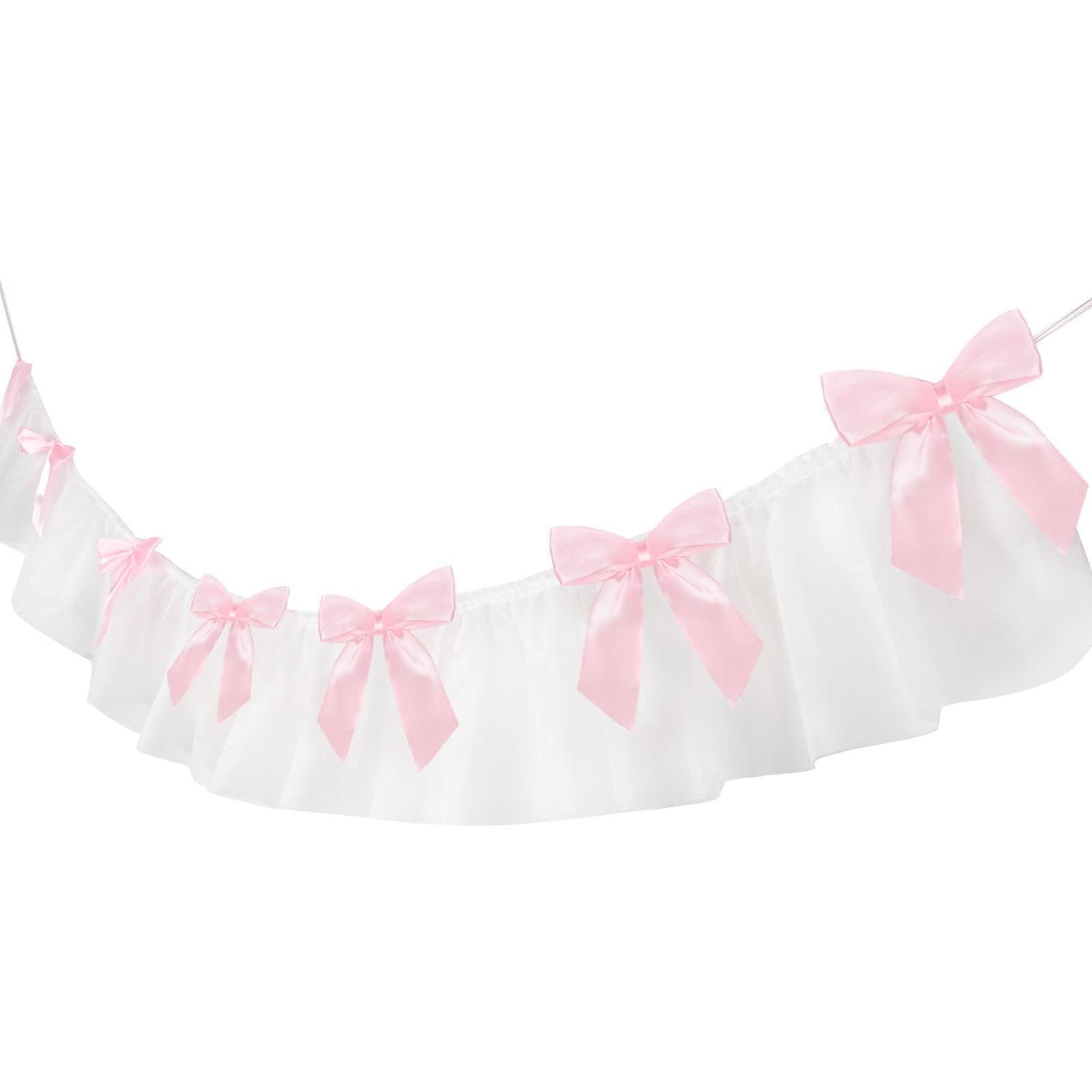 White ruffled banner with pink satin bows against a white background