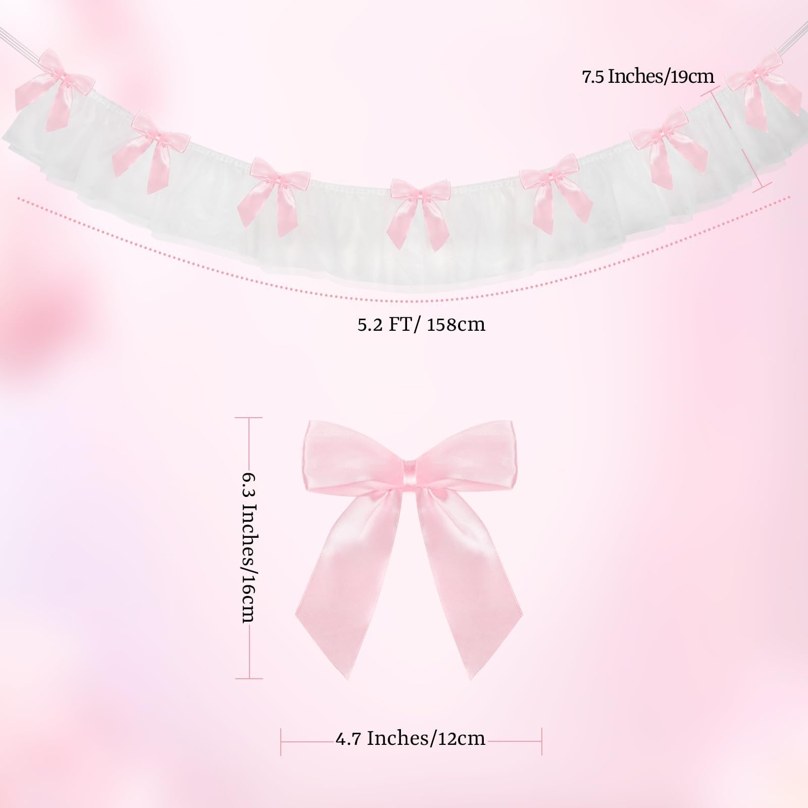 White lace banner with pink satin bows, showing dimensions of 5.2 FT length and 7.5 inches width. A separate pink satin bow is shown with dimensions of 6.3 inches height and 4.7 inches width.