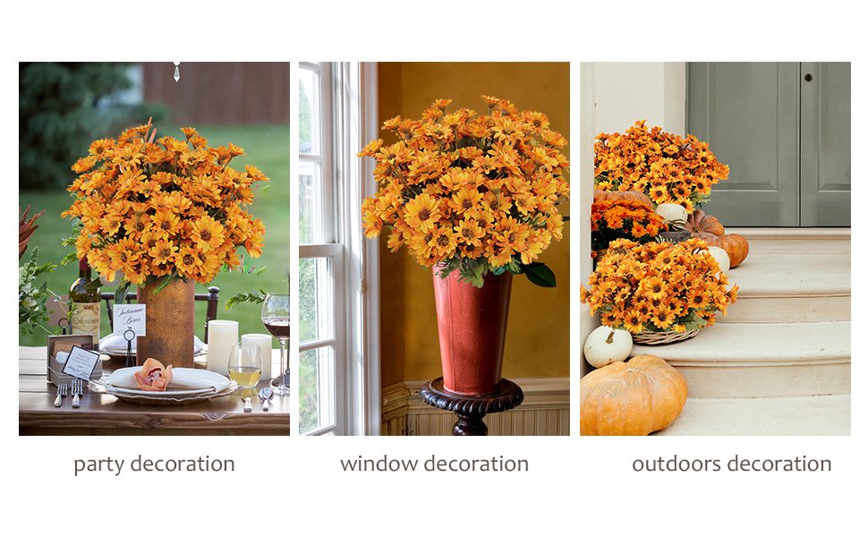 Three arrangements of orange artificial mum flowers displayed for party, window, and outdoor decoration.