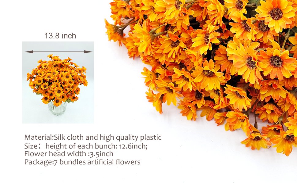 Seven bundles of orange artificial mum flowers in a vase, with dimensions indicated.