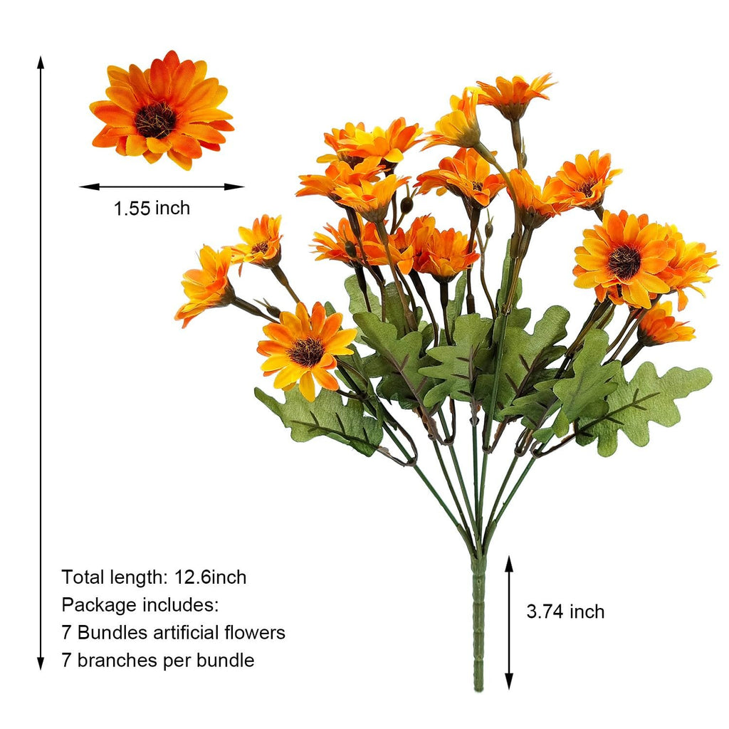 Bunch of orange artificial mums with green leaves, showing dimensions and package contents.