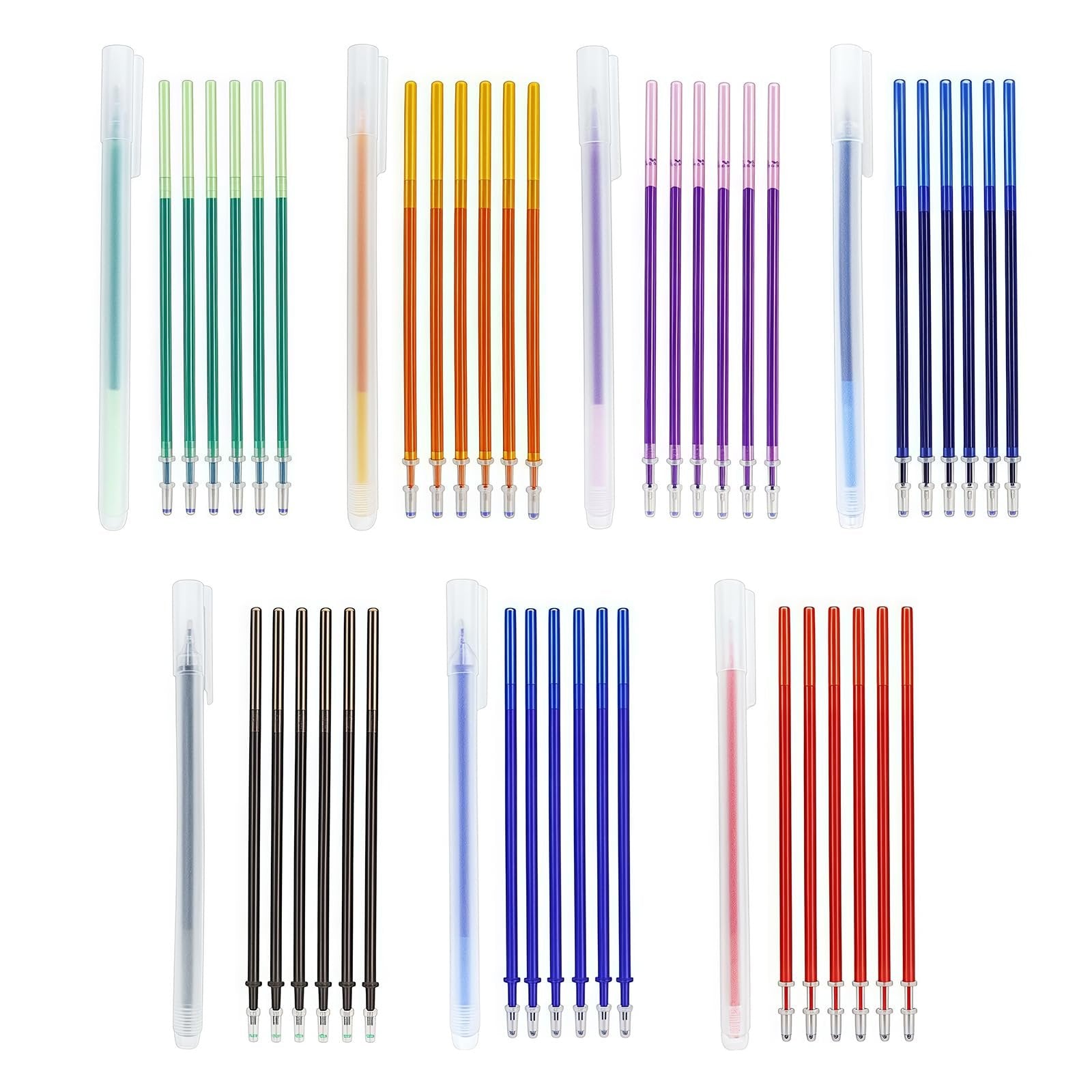Set of heat erasable fabric markers and refills in various colors including green, orange, purple, blue, black, and red.