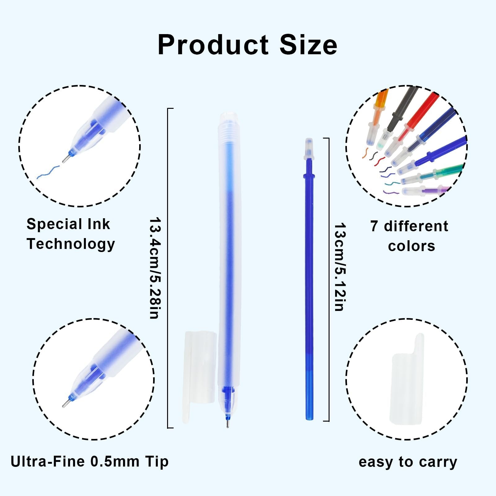 Product size diagram showing a heat erasable fabric marker, its refill, and dimensions. Features include special ink technology, ultra-fine 0.5mm tip, 7 different colors, and easy to carry design.