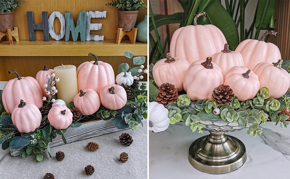 Assorted light pink foam pumpkins with resin stems arranged with greenery and pinecones in a wooden crate and on a pedestal.