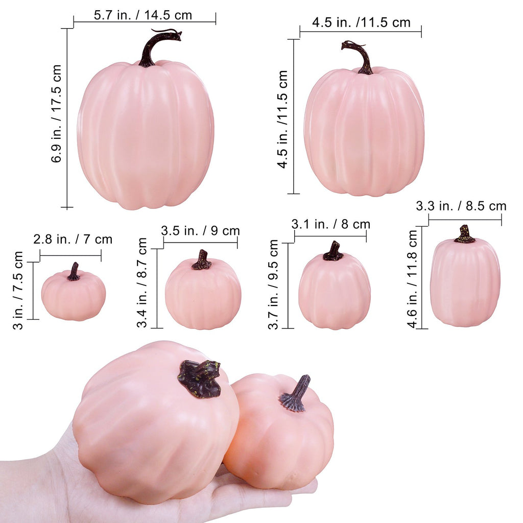 Assorted light pink foam pumpkins with resin stems, shown with dimensions and one held in a hand.