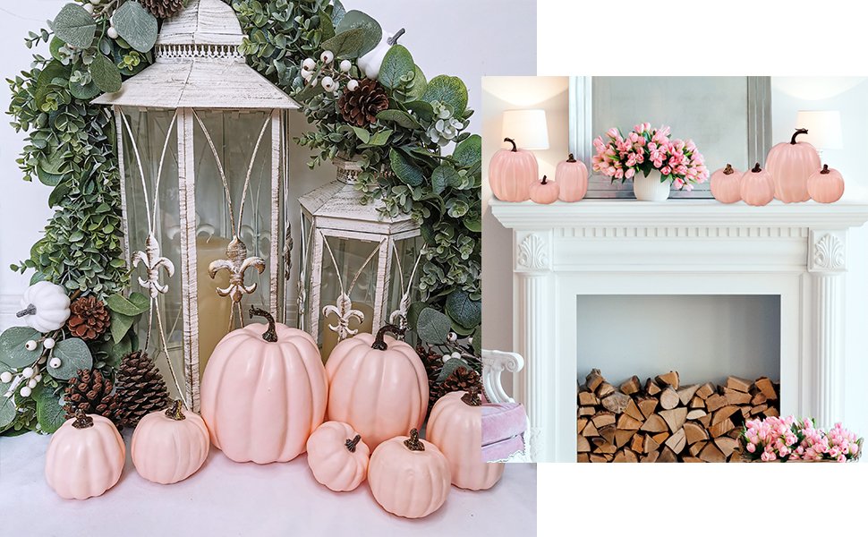 Assorted light pink foam pumpkins displayed with lanterns and greenery, and on a fireplace mantel with flowers.