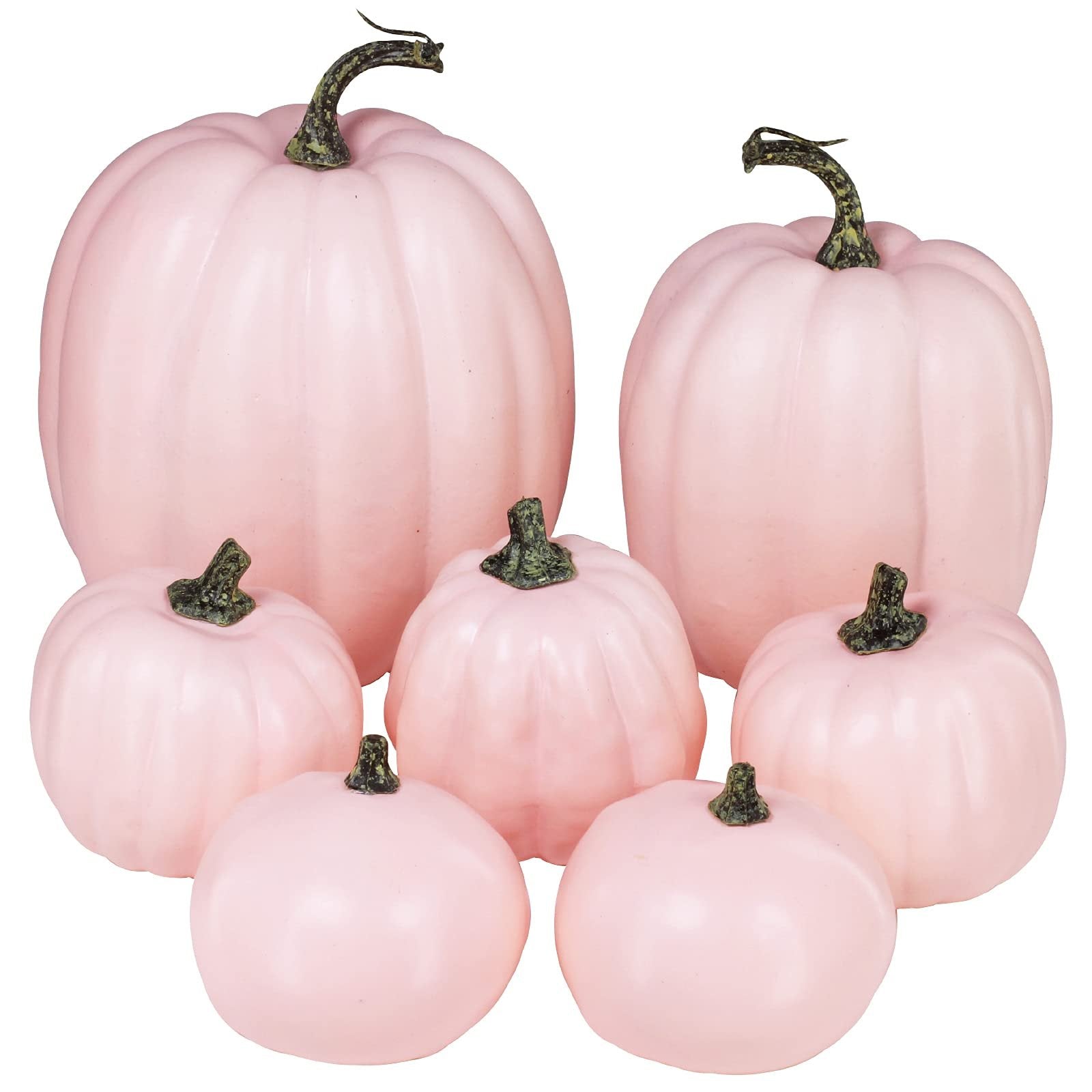 Assorted light pink foam pumpkins with green stems arranged in a cluster on a white background.