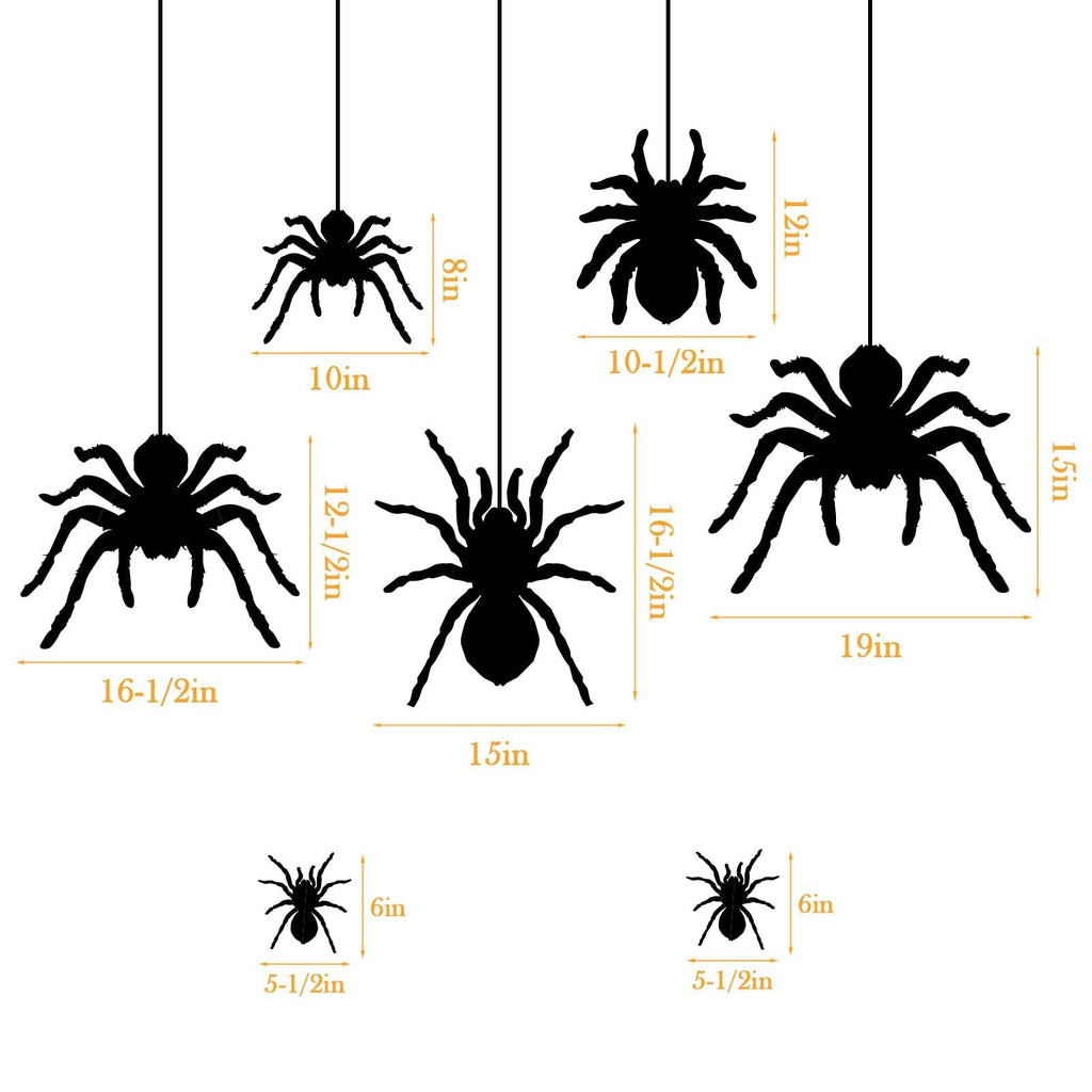 Seven black spider silhouette window clings with dimensions shown in inches, arranged for Halloween decor.