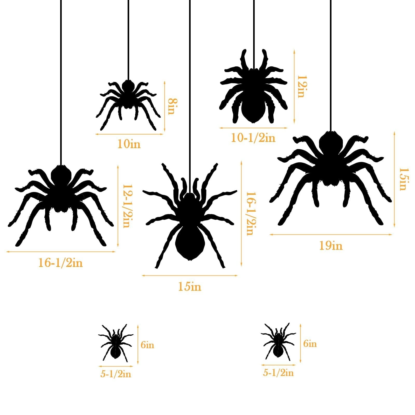Seven black spider silhouette window clings with dimensions shown in inches, arranged for Halloween decor.