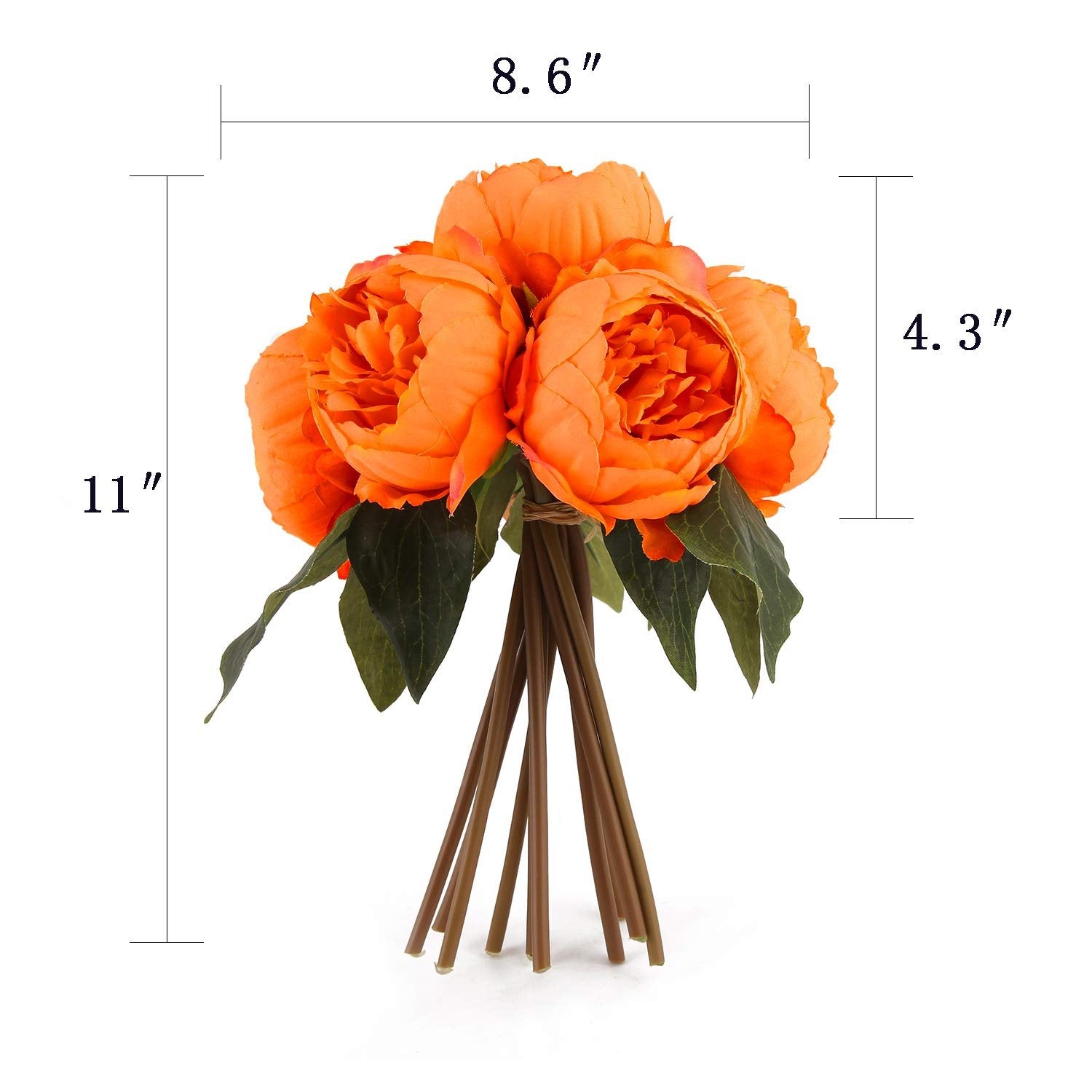 Orange peony bouquet with green leaves and brown stems, showing dimensions 11 inches tall, 8.6 inches wide, and 4.3 inches deep.